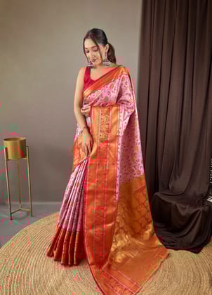 Stunning Baby Pink Kanjivaram Silk Saree With Pretty Blouse Piece