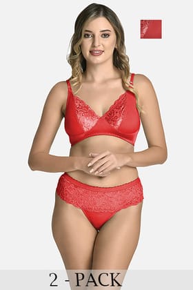 Women Lycra Lace Bra Panty Non-Padded Pack of 1 Lingerie Set Red Maroon-Red Maroon / 30B