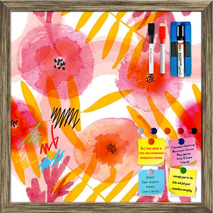 Watercolor Floral Pattern D4 Framed Magnetic Dry Erase Board | Combo with Magnet Buttons & Markers-Magnetic Board; Antique Gold Frame / 12 x 12 inch (30 x 30 cms)