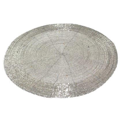 Prisha India Craft  SET OF 4 Handmade Silver Round Beaded Placemat for Dining Table   Tablemat Decorative Placemat   large coaster Perfect for Dinner Table Dining Table Placemats  Dia   12 DIWALI Gift