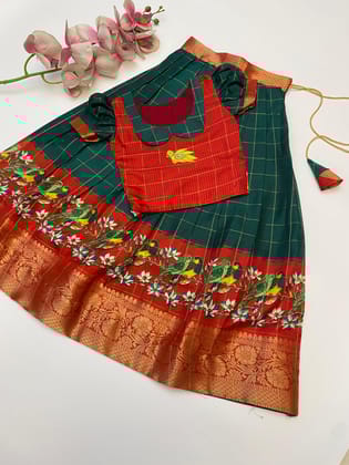 Sparrow Hand Silk Lehenga For Kids-Green / 8 yr