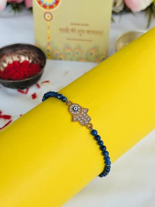 Premium Rakhi for Good Communication (Lapis Lazuli with Crystal Hamsa)- Abhimantrit-Rakhi with Blue Hamsa