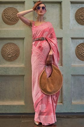 Tulip Pink Lucknowi Woven Chikankari Saree