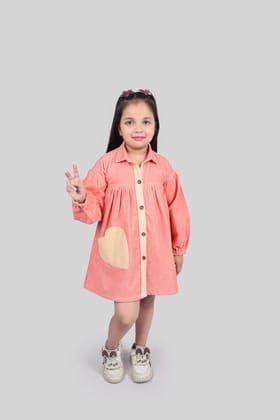 Natural Cotton Corduroy Autumn Dress - Coral Pink-3-4 years