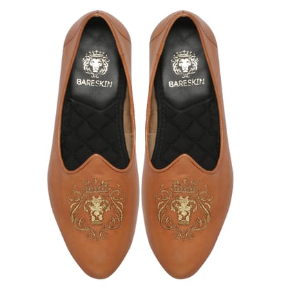 Brune & Bareskin Tan Leather Jalsa Jutti For Men With Golden Lion-King Embroidery-40/6