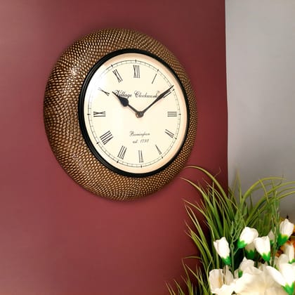 Wall Clock With Antique Brass Work | Wall Mount Analogue Clock - For Home, Living Room, Bedroom, Hall Decor | Festivals & Housewarming Gift -12 inch