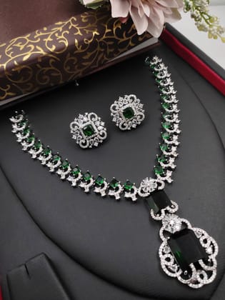 Neeta Ambani Inspired Veshakart Premium Handcrafted AD Necklace Set-Green