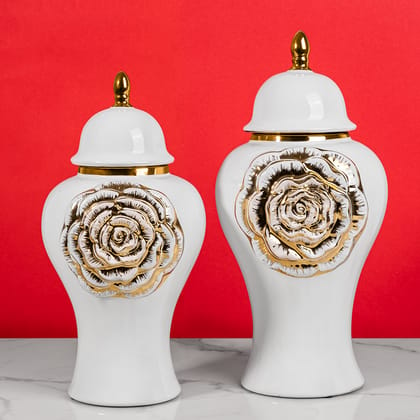 Golden Floral Elegance Ceramic Vase - Set Of 2-BIG: HEIGHT - 18 INCHES & WIDTH - 9 INCHES AND SMALL: HEIGHT - 16 INCHES & WIDTH - 7.5 INCHES / CERAMIC / AVAILABLE