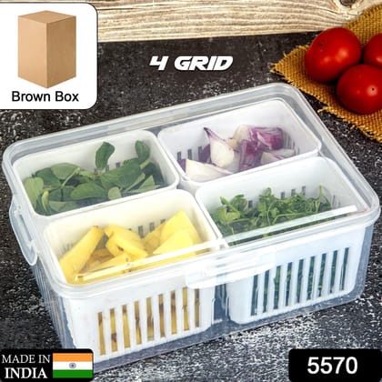 Fridge Storage Boxes Freezer Storage Containers, Container for Kitchen Storage Set, Storage in Kitchen, Vegetable Storage, Draining Crisper Refrigerator Food Box (1 Pc)-4 Grid / Brown Box