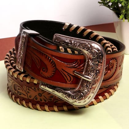 Hemener Men Engraved Metal Buckle Dark Brown Genuine Leather Belt-28