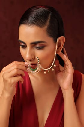 Krishm Green Kundan and Pearl Nose Ring-Kundan