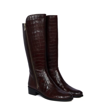 Cut Croco Textured Dark Brown Leather Ladies Long Zipper Boots With Leather Sole By Brune & Bareskin-36/3