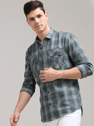 Teal Grey Double Pocket Checks Shirt-S / Teal