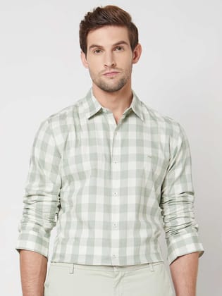 Mufti Light Green Square Check Slim Fit Casual Shirt