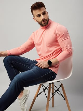 Gritstones Men Coral High Neck Cotton Solid T-Shirt