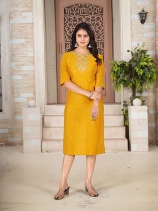 Cotton Kurti with Beautifully Embroidered Neckline-Mustard Yellow / L