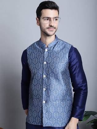 Men's Printed Nehru Jacket-S / Blue