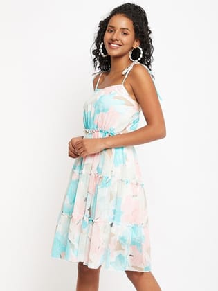 Floral Printed Shoulder Straps Gathered or Pleated Georgette Fit & Flare Dress