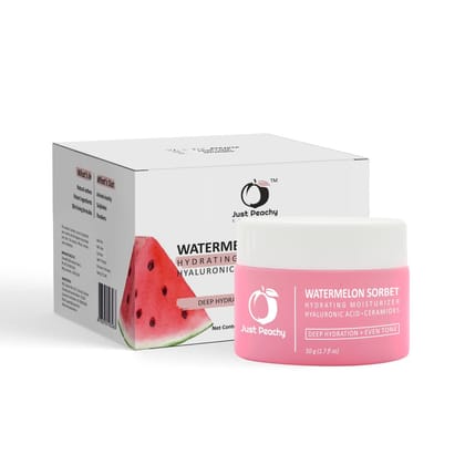 Just Peachy Watermelon Sorbet Hydrating Skin Moisturizer With Hyaluronic Acid, Watermelon and Ceramides | Lightweight | Hydrates & Plumps Skin | Non Oily Matte Face Cream For Dull Skin and Dryness 50g