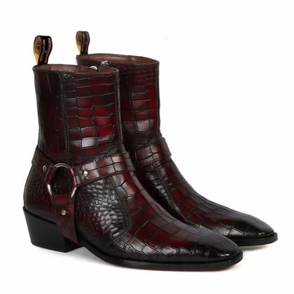 Removable/Adjustable Buckle Smokey Wine Perfect Cuban Heel Croco Textured Leather Boots-40/6