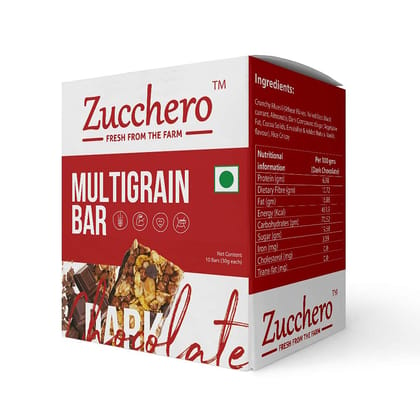 Zucchero Multigrain Dark Chocolate Granola Bar, Pack of 10 [Whole Oats + Hi-Fiber + Flat Tummies]