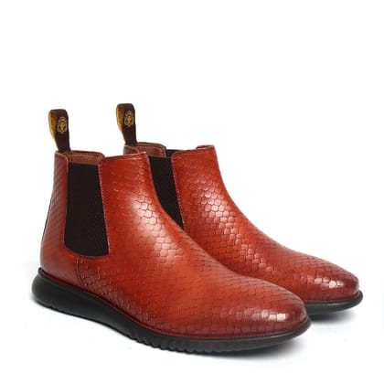 Hand scaling Tan Chelsea Boot in Snake Skin Textured Leather and Light weight sole By Brune & Bareskin-40/6