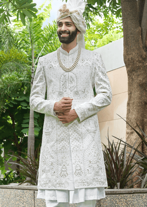 Off White Embroidered Sherwani-White