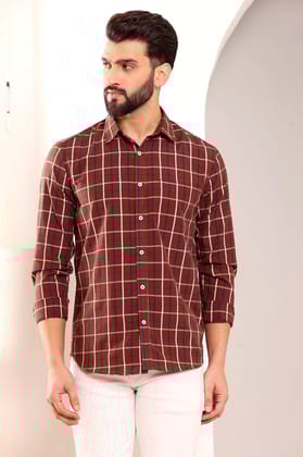 Brown Check Cotton Shirt (Size - S) by BLUE EAGLE