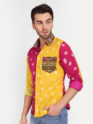 Men bandhini shirt-S / Yellow/Pink / Bandhini