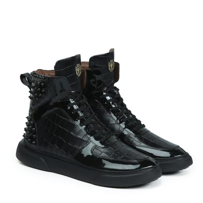 Studded Black Deep Cut Leather Sneakers with Patent Leather Detailing-40/6