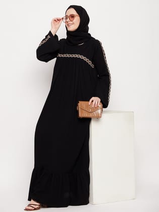 Nabia Women Black Solid Abaya Burqa With Black Georgette Scarf-XS / 54