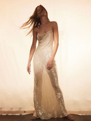 Spaghetti Strap Backless Slip Glitter Maxi Dress-M / WHITE