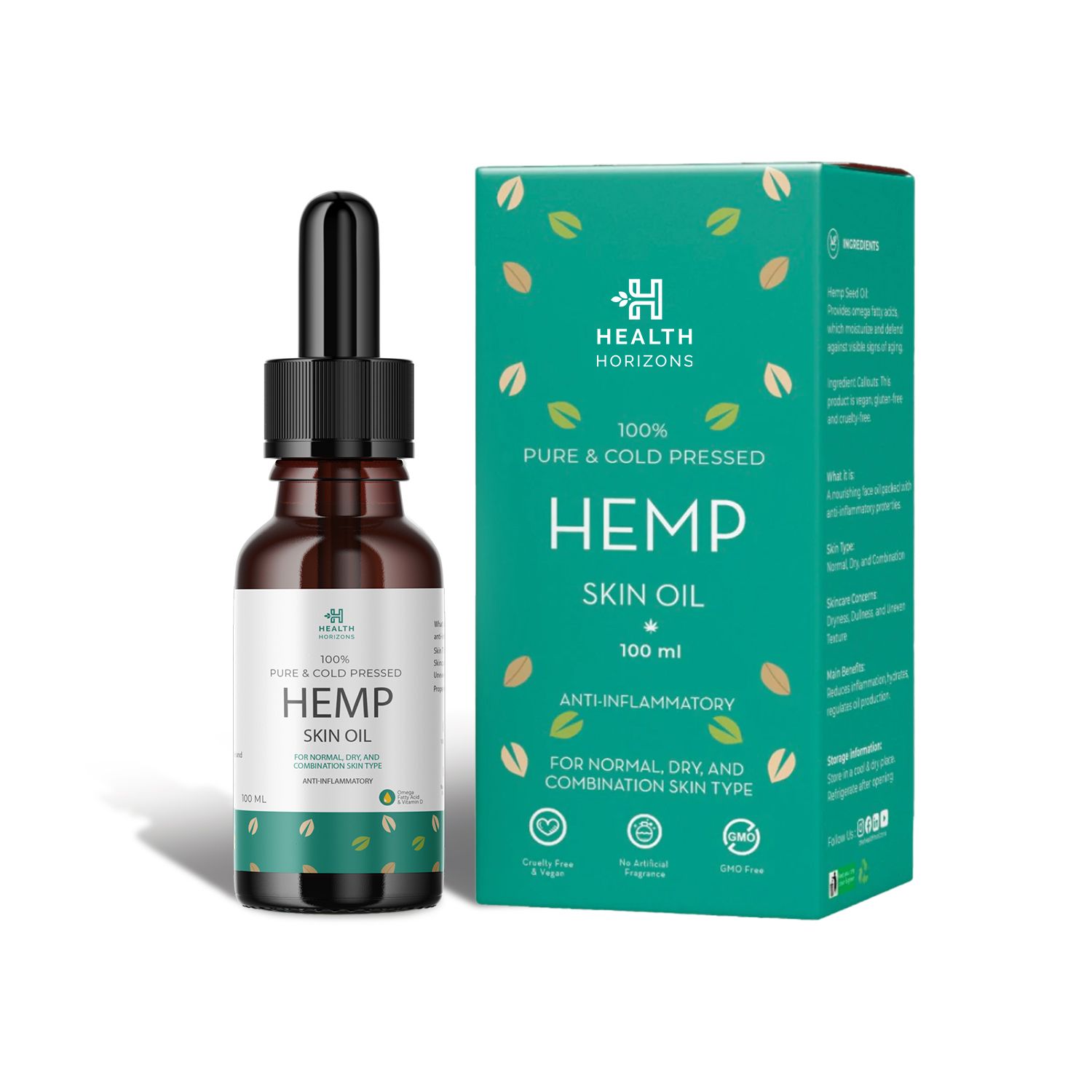 Health Horizons Cold Pressed Hemp Oil for Massage | Skin Moisturizer, Topical use | With Omega 6 and 3, Iron, Vitamin E and Amino Acids (100 ml)