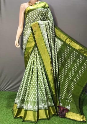 POCHAMPALLY SILK SAREE CREAM AND OLIVE GREEN WITH ALLOVER IKAT WOVEN BUTTA WEAVES AND IKAT DESIGN ZARI WOVEN BORDER