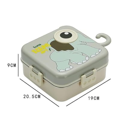 Ji and Ja Multi Compartment Eye Design Stainless Steel Lunch Box with Spoon Cup for Students School Kids and Adults (Multi Color) (Dino)-Elephant