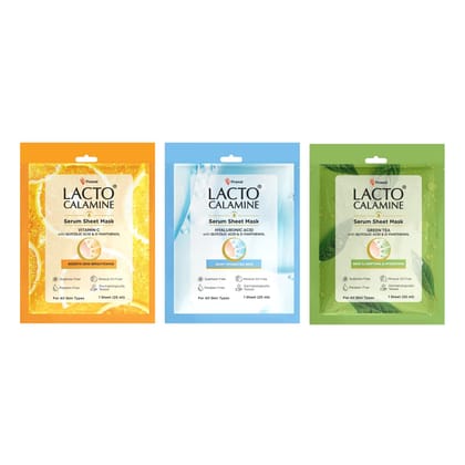 Lacto Calamine Face Sheet Masks | Combo Pack | Vitamin C, Hyaluronic Acid & Green Tea Face Sheet Masks | Brightening, Hydrating & Clarifiying | Pack of 6