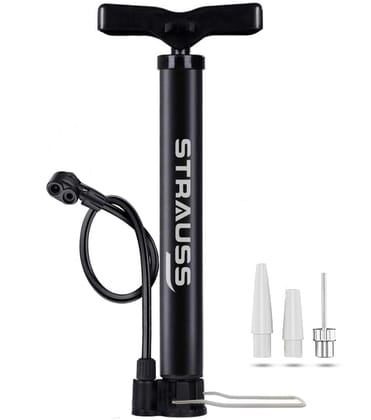 Strauss Bicycle Air Pump, Dual Valve, Portable, 2 Modes, for Bicycles & Swimming Rings, Sturdy Base, Ergonomic Handle, Black.-Strauss Bicycle Air Pump with Needle & Dual Valve | Portable Pump wit