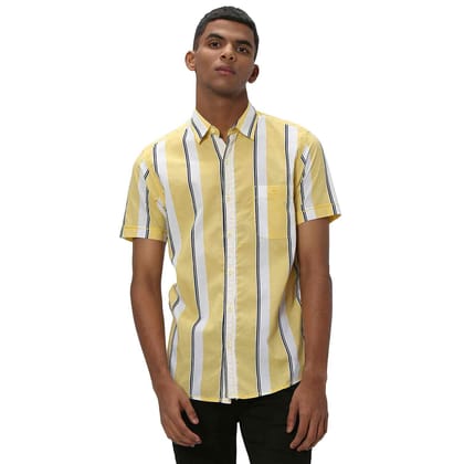 Mufti Yellow & White Resort Stripe Slim Fit Casual Shirt