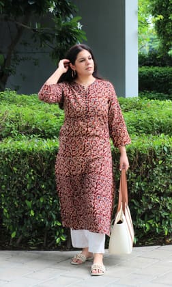 Cotton Handblock Kalamkari Maroon Straight Fit Kurta-XXS