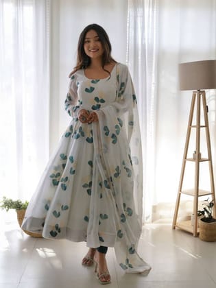 Organza Fabric White Colure Floral Partywear Print Anarakli Gown-S