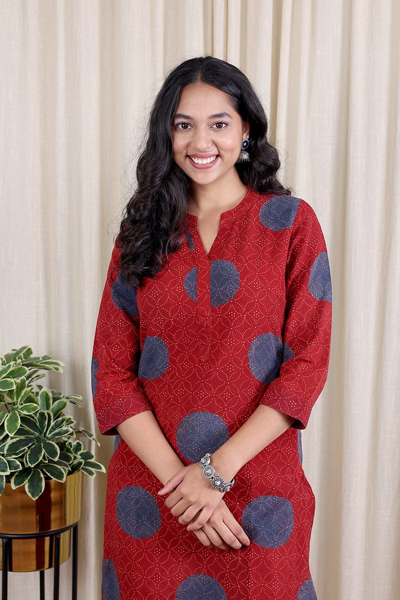 Rust Ajrakh Cotton Flax Women Long Kurta Long Sleeves WLKLS062440-S