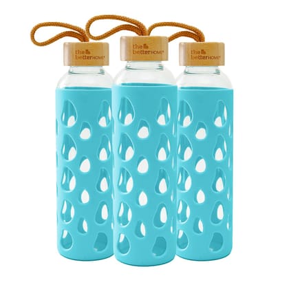 The Better Home Borosilicate Glass Water Bottle with Sleeve 550ml  Non Slip Silicon Sleeve  Bamboo Lid  Water Bottles for Fridge Pack of 3-The Better Home Borosilicate Glass Water Bottle with Sle