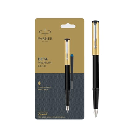 Parker Beta Premium Fountain Pen With Stainless Steel Trim -Body Color Gold- Ink Color Blue