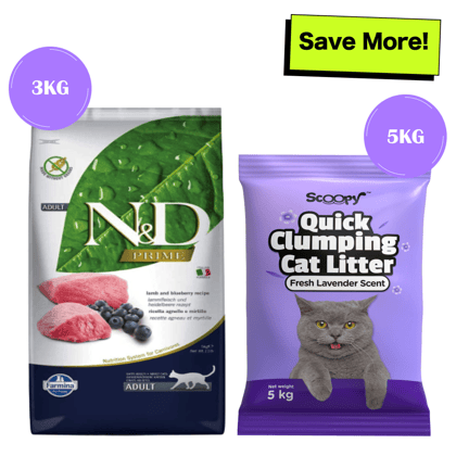 Farmina ND Prime Lamb  Blueberry Grain Free Adult Cat Dry Food-Farmina N&D Prime Lamb & Blueberry Grain Free Adult Cat Dry Food - 3kg (2x1.5kg)+5kg Scoopy Litter