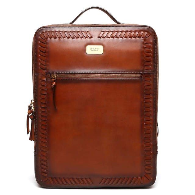 Tan Weaved Stripes Leather Backpack By Brune & Bareskin-FS