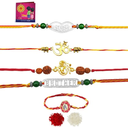 Yellow Chimes Rakhi Combo: 5 Traditional Gold & Silver Plated Rakhis with Roli Chawal & Greeting Card.-Yellow Chimes Rakhi for Brother | Combo of 5 Rakhi Set for Brother | Traditional Gold and Si