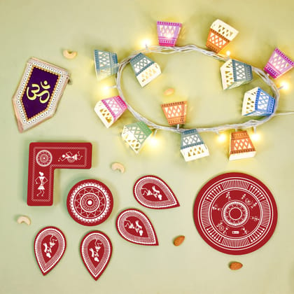 Indigifts Shubh Diwali Banner, DIY Wall Hanging Lights and 13 Piece Rearrangeable Rangoli Combo for- Home Decoration for Diwali, Decorative Items for Diwali, Diwali Gifts