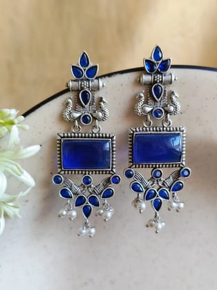 Silver Look-Alike Dangler Earrings for Elegant Ethnic Wear | Sarichka-Blue