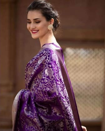 VastraVilla Purple Archaic Traditional Kanchi Soft Silk Sari With Attached Blouse