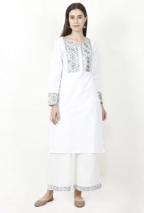 White Kurta With Olive Green Kantha Work-XS